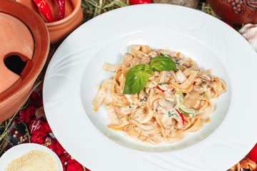 Pasta with cream sauce with chicken and rosemary