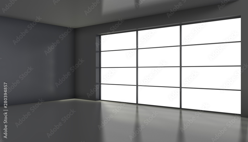 Poster empty black room with large stained glass windows. 3d rendering.