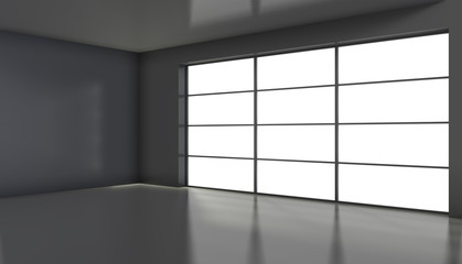 Empty black room with large stained glass windows. 3D rendering.