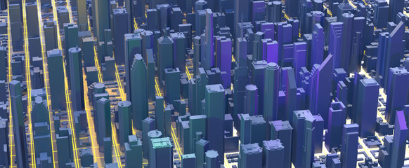 Obraz premium Downtown city skyscrapers. City with glow lines road and digital elements. 3D Rendering.