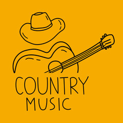 Poster country music. Vector hand drawn illustration on yellow background.