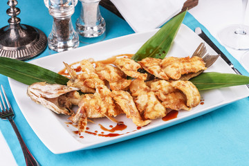  Nuggets fried in sea fish oil with bamboo according to the Georgian recipe. Mediterranean cuisine