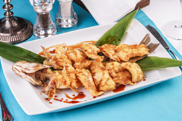  Nuggets fried in sea fish oil with bamboo according to the Georgian recipe. Mediterranean cuisine