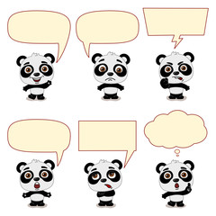 Fototapeta premium Collection of cute Panda bears with speech bubbles in different emotions isolated on white background