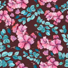 Seamless floral background with sacura flowers and menthol leaves. Hand painted watercolor painting.