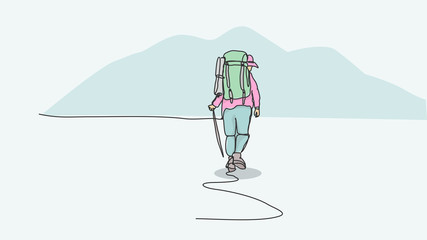 Walking adventurer with big backpak carrier ravel Lifestyle hiking adventure concept summer vacations outdoor exploring single line bad drawing with water color efect flat style illustration