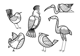 Obraz premium Cute hand drawn birds set coloring page vector