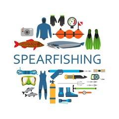 Spearfishing scuba diving underwater set of flat vector elements. Protective sea diver equipment and professional hunter spear fishing tools in circle isolated on white.
