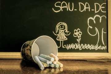 Quadro verde com desenho infantil e escrita saudade dividida em sílabas