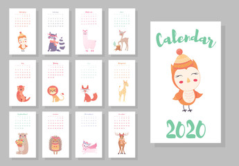 Calendar 2020. Cute monthly calendar with cute animals. Hand drawn style characters owl, raccoon, lama, deer, beaver, lion, fox, moose, bunny, bear, hedgehog, giraffe