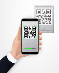 Male hand holding smartphone with QR code scanner mobile app isolated on white background. Cashless payment technology concept. Design element for banner, poster, online shopping, retail
