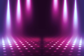 Obraz premium Empty background scene. Dark reflection of the street on the wet asphalt. Rays of blue and pink neon light in the dark, neon figures, smoke. Background of empty stage show. Abstract dark background.