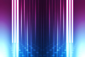 Empty background scene. Dark reflection of the street on the wet asphalt. Rays of blue and pink...