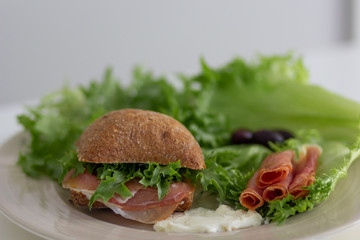 Sandwich with Jamon and vegetables on the plate