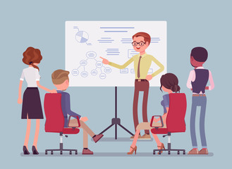 Business briefing in the office. Meeting for employees, new project information and instruction, managers brainstorming, negotiating about agreement or contract. Vector flat style cartoon illustration