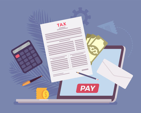 Online Tax Payment Via Laptop. Direct Service For Taxpayer With Net-banking Account, Financial Technology And Business Option For Income Calculation To Simplify. Vector Flat Style Cartoon Illustration