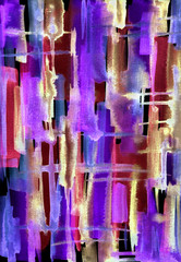 Abstract watercolor painting in the form of checkered, streaks and smudges of paint, violet, maroon and golden tones.