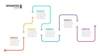 Timeline infographic thin line design label with arrow. Business concept with 6 options, steps. Vector illustration.