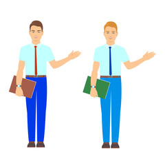 Young business men in a tie stand with a folder in his hand and point to the left. On the face a smile. Vector isolated illustration.