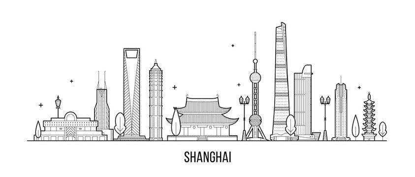 Shanghai skyline China buildings vector linear art