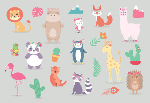 woodland and exotic characters -  fox, raccoon, hedgehog, penguin, owl, lion, hippopotamus, flamingo, panda, giraffe. Cute forest animals. Vector illustration