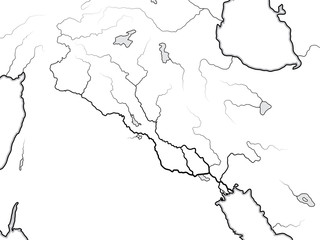 World Map of The TIGRIS & EUPHRATES Valley: Iraq, Syria, Armenia, Kurdistan, Iran, Levant, Near East, Middle East, Persian Gulf. Geographic chart with coastline and main rivers.