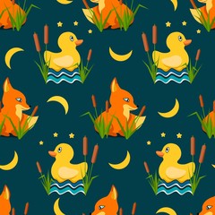 Fototapeta na wymiar seamless background with a fox in ambush and a duck in the reeds