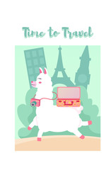 Travel poster  vector template design with promo text llama and world's famous landmarks and tourist destinations elements in colorful background. Vector illustration