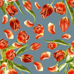 Red tulips in a gray-blue background. Watercolor seamless pattern with spring flowers.