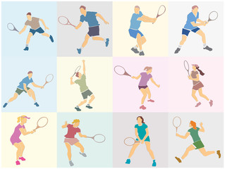 Fototapeta na wymiar Set of male and female tennis players with racket. Colorful abstract cartoon bundle. Athlete in active pose. Contemporary applique or paper cut style. Vector illustration.