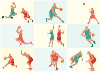 Set of basketball players. Single figure and two sportsmen. Sport concept bundle. Active poses. Applique or paper cut style. Colorful vector illustration.