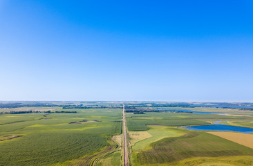 Aerial view of endless farms with straight road in South Dakota, USA