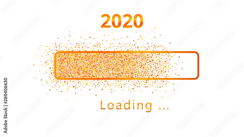 Wall mural 2020 new year loading orange glitter progress bar with colorful confetti isolated on white backgroun