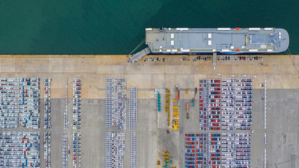 Aerial view new cars export terminal, New cars waiting for import export at deep sea port.