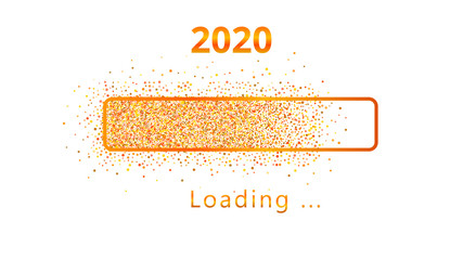 2020 New Year loading orange glitter progress bar with colorful confetti isolated on white background. Template design for holiday banner, poster, carnival, greeting card or invitation, end of year
