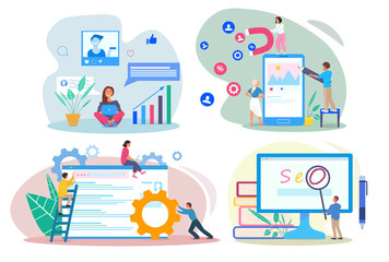 SEO SEM SMM SMO concepts. People using devices for advertising and optimizing websites and social network profiles. Using devices for increasing traffic. Flat modern vector illustration