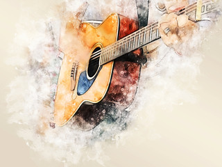 Abstract colorful shape on acoustic Guitar in the foreground on Watercolor painting background and Digital illustration brush to art.