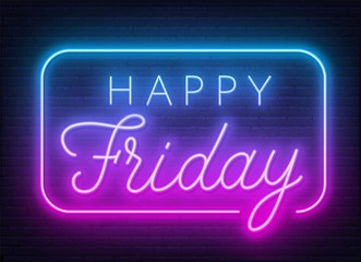 Fototapeta na wymiar Happy Friday neon sign. Greeting card on dark background.
