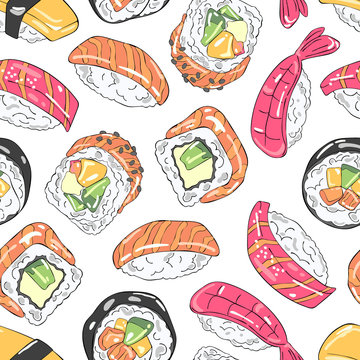 Japanese food. Sushi and rolls. Sea food. Seamless vector pattern (background). Cartoon print.