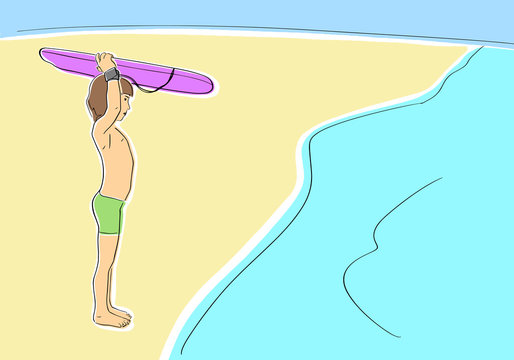 boy carrying purple surfboard on beach clip art preview