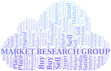 Market Research Group word cloud. Vector made with text only.