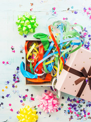 Gift box with streamers. Confetti. Party concept.