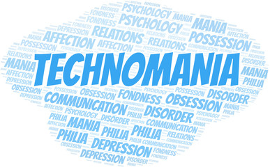 Technomania word cloud. Type of mania, made with text only.