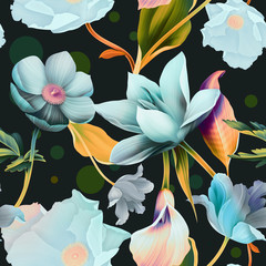 Seamless tropical flower, plant and leaf pattern background. Hawaii jungle flowers