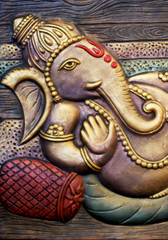 Closeup view of Hindu god Ganesha In blessing pose in a temple
