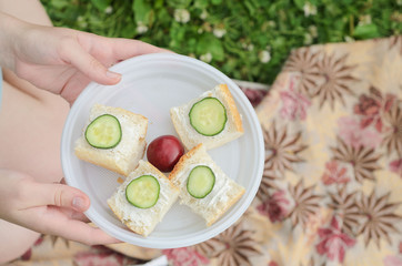 a young girl holds a plate with four small sandwiches with melted cheese ,cucumber slices and one plum in the center..Healthy summer picnic in the Park or in the garden.