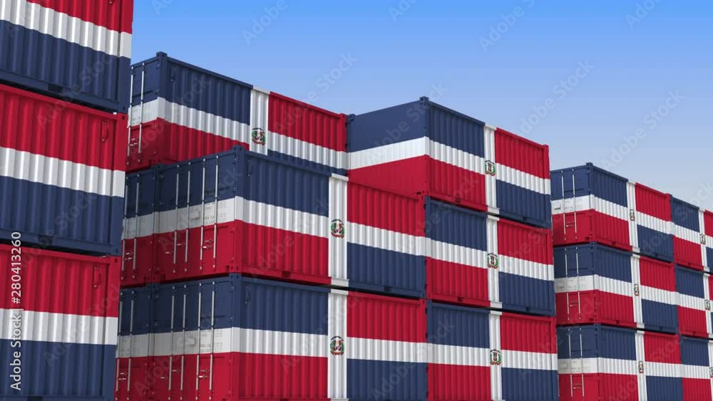 Poster container terminal full of containers with flag of the dominican republic. export or import related 