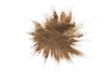 Brown powder explosion isolated on white background.