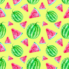 Watercolor seamless pattern with watermelon on yellow background. Hand painted illustration. 