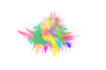 Freeze motion of colorful color powder exploding on white background.  Paint Holi.